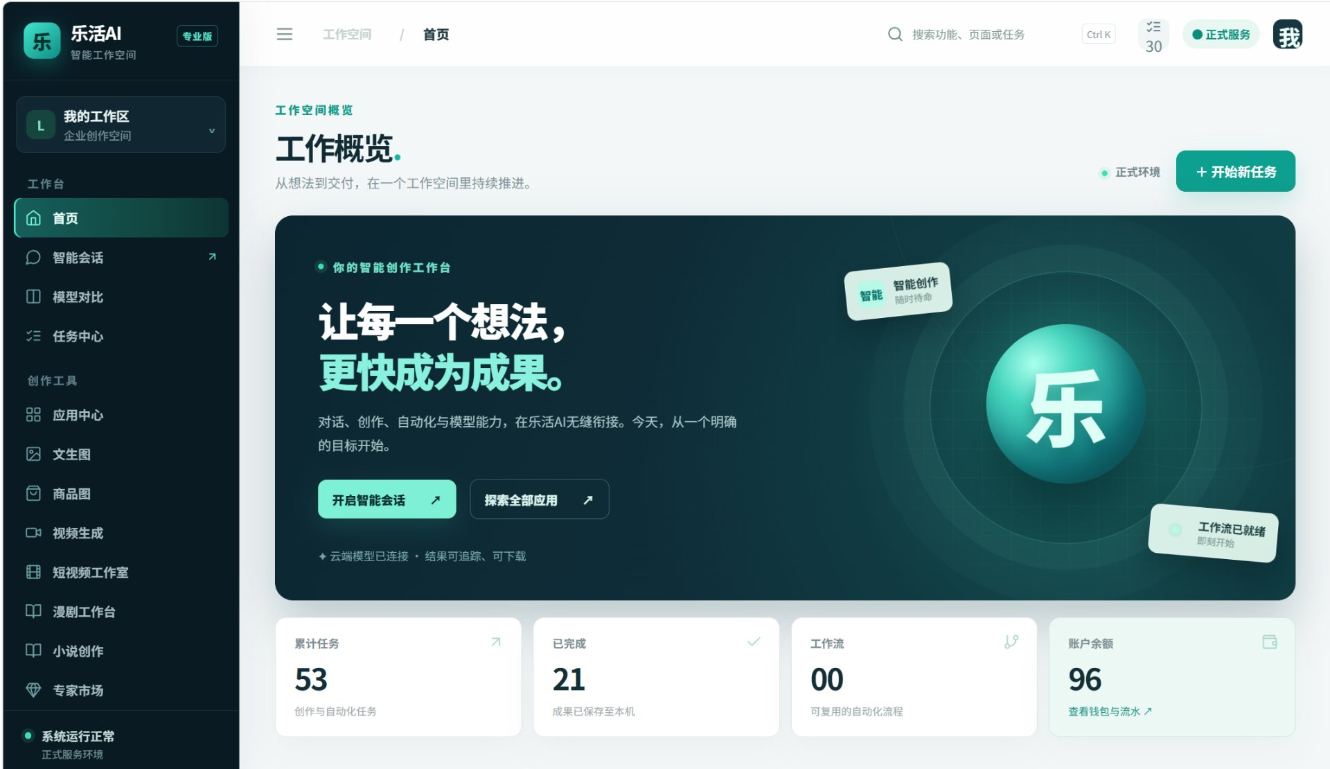 乐活AI 产品截图 · 智能工作空间首页